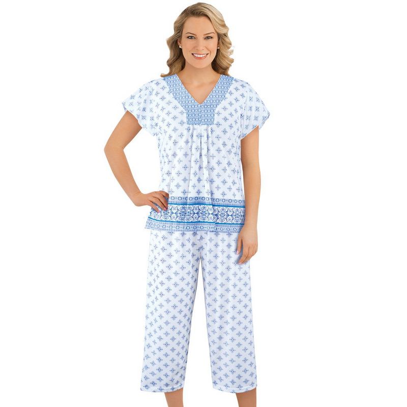 Collections Etc Border Floral Print Capri Pajama Set with Short Sleeve V Neck Shirt, Comfy Lounge and Sleeping Apparel, 1 of 4