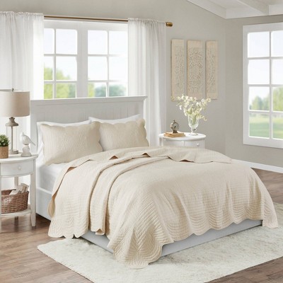 Beige King Microfiber Reversible Quilt Set with Scalloped Edges