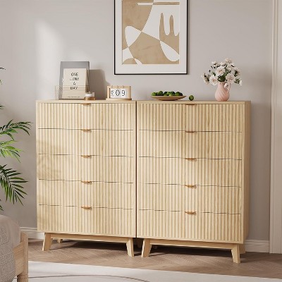 2PCS 5 Drawer Dressers, Modern Fluted Closet Dressers Chest of Drawers, Wood Storage Dresser Chest of Drawers Organizer for Bedroom Living Room