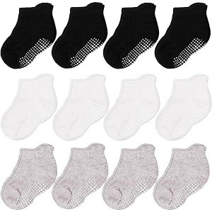 Cozyway Non-Slip Ankle Style Socks with Grippers, 12 Pack for Baby Boys and Girls, Black, White and Gray, 6-12 Months, Unisex - 1 of 4