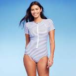 Women's Striped Short Sleeve Full Coverage Rash Guard One Piece Swimsuit - Kona Sol™ Multi