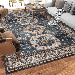 Acekool 2x6 Washable Area Rug – Non Slip, Low Pile, Soft Vintage Distressed Carpet, Foldable, for Living Room, Bedroom, Indigo Blue - 1 of 4