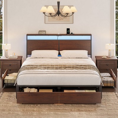 WOWLIVE Queen/Full/King Size Bed Frame with 4 Drawers, Modern bed with LED Light and Charging Station, Storage Headboard, HB00