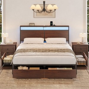 WOWLIVE Queen/Full/King Size Bed Frame with 4 Drawers, Modern bed with LED Light and Charging Station, Storage Headboard, HB00 - 1 of 4