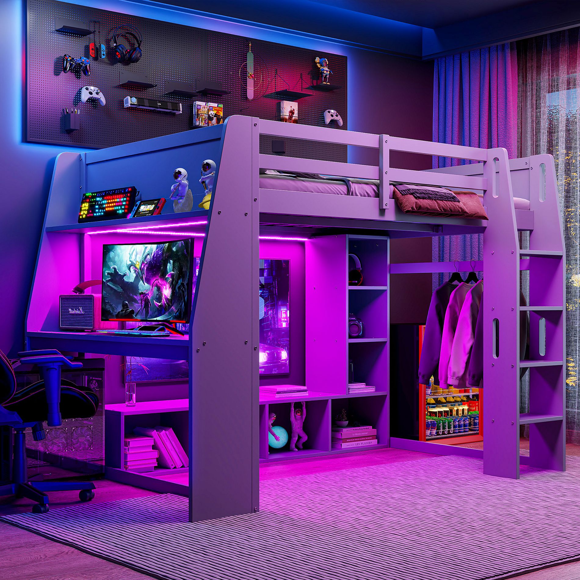 Full Size Gaming Loft Bed with Desk, LED Lights, Multi-Storage Shelves & Hanging Clothes Rack, Space-Saving Wooden Bed Frame, Gray - ModernLuxe