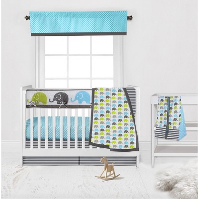 Bacati - Elephants Aqua/Lime/Gray 6 pc Crib Bedding Set with Long Rail Guard Cover