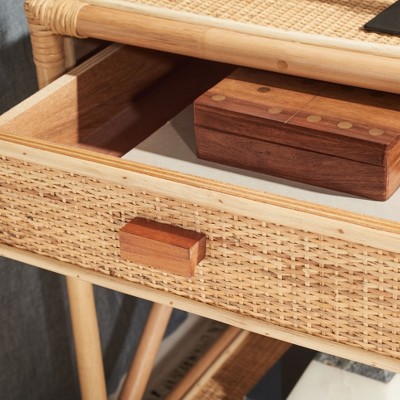 Natural Woven Rattan 1-Drawer Nightstand with Shelf