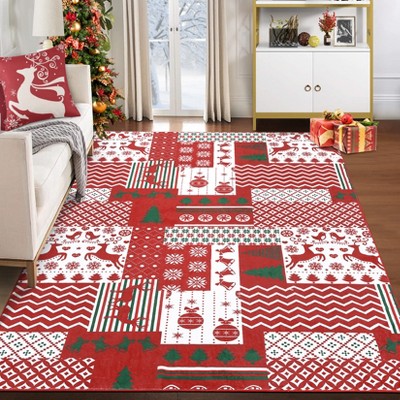 Washable Christmas Patchwork Pattern Rug Non Slip Low Pile Rug Soft Floor Cover Foldable Indoor Carpet for Living Room Bedroom,Red Green/8'x10'