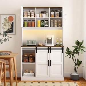 Farmhouse Bar Cabinet with Sliding Barn Door, 72'' Large Kitchen Buffet Sideboard with Outlets Power, Rustic Coffee Bar Sideboard Table, White - 1 of 4