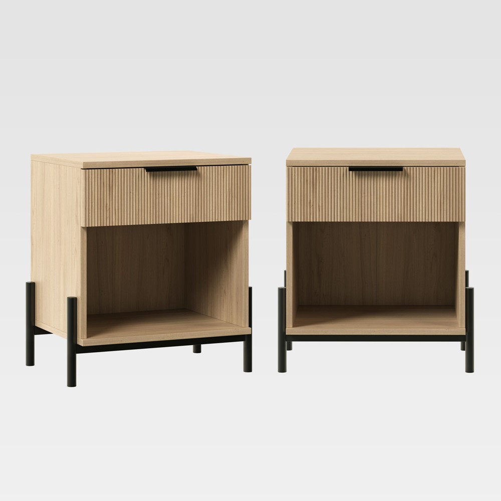 Saracina Home Set of 2 Modern Boho Fluted 1 Drawer Storage Nightstands Coastal Oak