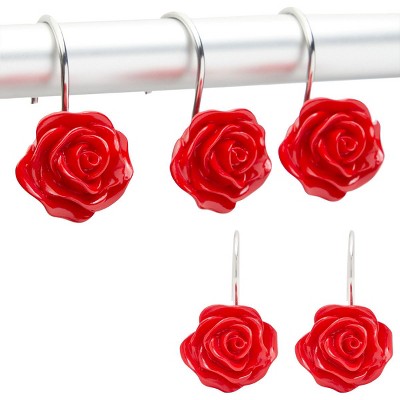 Okuna Outpost Set of 12 Red Flower Rose Shower Curtain Hangers Hooks, Decorative Vintage Floral Stainless Steel Bathroom Décor