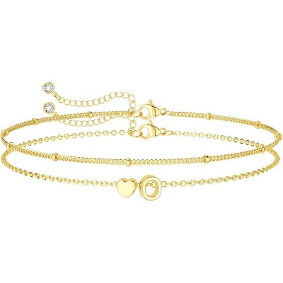 Dainty Initial Heart Gold Bracelets for Women Trendy, 14K Real Gold Letter Charm Bracelet Jewelry