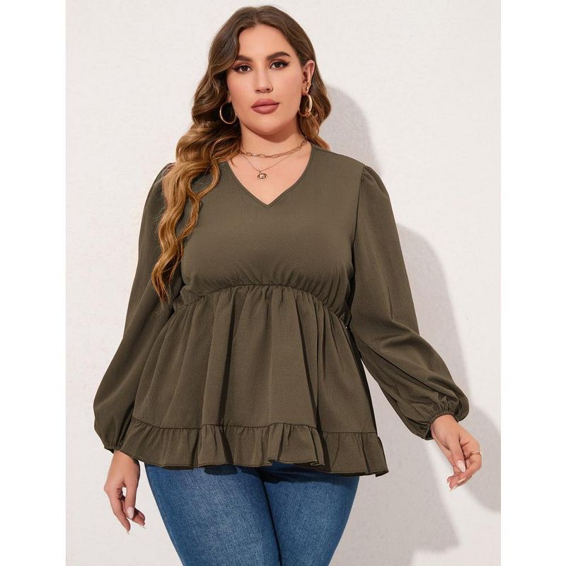 WhizMax Women's Plus Size Blouses Casual V Neck Babydoll Tunic Puff Long Sleeve Chiffon Tops A Line Shirts, 4 of 8
