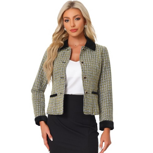 Inspire Chic Women s Elegant Plaid Tweed Work Office Outwear Short Blazer Yellow Small Target