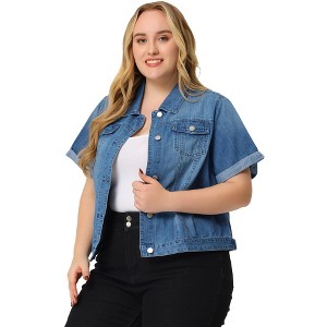 Women's Plus Size Denim Button Front Crop Short Sleeve Trucker Jean Jackets - Agnes Orinda - 1 of 4