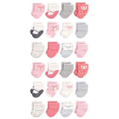 Hudson Baby Cotton Rich Baby Terry Socks 24-Pack, Girl Woodland, 0-3 Months