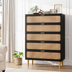 Rattan 5 Drawer Dressers for Bedroom, Tall Dresser with Deep Drawers, Large Chest of Drawers for Closet with Wide Top, Long Wooden Dresser - 1 of 4