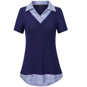 BLUEMING Womens Summer T-Shirts V Neck Faux Layering Shirts Color Block Polo Shirts Plaid Teacher Shirts - 1 of 4
