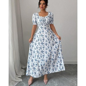 Women's Boho Floral Flowy Maxi Dress Puff Sleeve Milkmaid Dress Ruched Bust  Flared Summer Wedding Guest Dresses,White,S : Target
