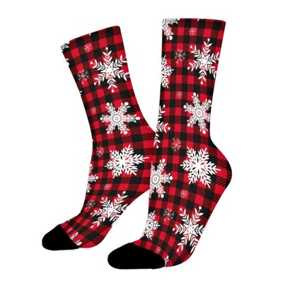 Snowflakes On A Buffalo Plaid Women Printed Crew Socks Funny Funky Socks Soft Polyester Novelty Gifts for Artists Men