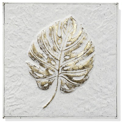 Raynard Foliole Relief III Leaf Motif Stamped Metal Unframed Wall Canvas White/Gold - StyleCraft