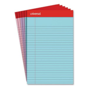 Universal Perforated Ruled Writing Pads, Narrow Rule, Red Headband, 50 Assorted Pastels 5 x 8 Sheets, 6/Pack - 1 of 4