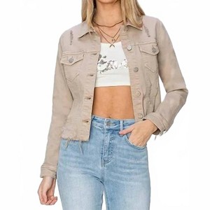 Women's Full Size Raw Hem Button Up Cropped Denim Jacket Plus Size - RISEN - 1 of 4