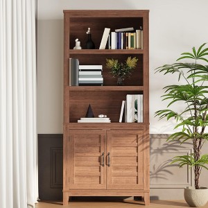 71 Inch Tall Bookcase, 5 Tier Farmhouse Bookshelf with Doors & Adjustable Shelf, Wooden Dispaly Cabinet,for Small Spaces Apartments, Brown - 1 of 4