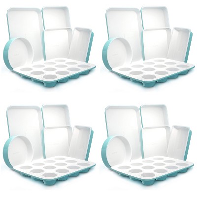 NutriChef 6 Piece Non Stick Kitchen Oven Stackable Ceramic Baking Pan Set with Cookie Sheet, Muffin Tray, and More, Green and White (4 Pack)