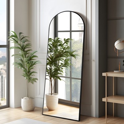 24 in W x 65 in H Oversized Arch Wood Full Length Black Wall Mounted Standing Mirror Floor ...