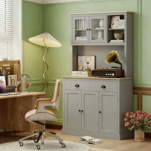 ORRD 71" Kitchen Pantry Cabinet Freestanding with Countertop, Storage Cupboard with Adjustable Shelves & Drawers, Gray and Oak Coffee Bar - 1 of 4