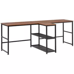 HOMCOM 83" Two Person Computer Desk with 2 Storage Shelves, Double Desk Workstation with Book Shelf,  Long Desk Table for Home Office, Dark Walnut