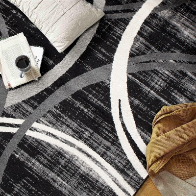 Contemporary Black Abstract 65'' Easy-Care Synthetic Area Rug