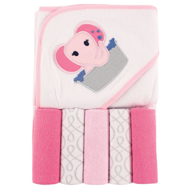 Luvable Friends Baby Girl Hooded Towel with Five Washcloths, Pink Elephant, One Size, 1 of 3