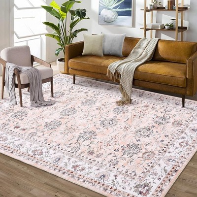 Pink Floral 5' x 7' Washable Synthetic Area Rug