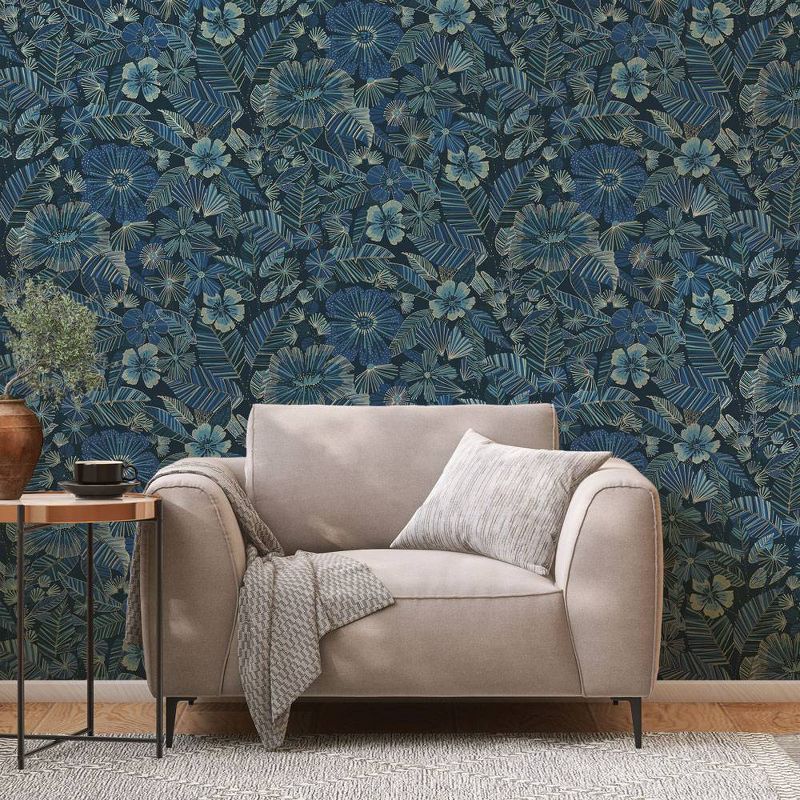 Tempaper Metallic Bloom Beautiful Blue Peel and Stick Wallpaper, 2 of 6