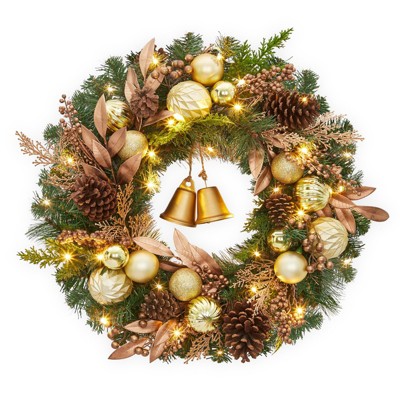 24 Inch Artificial Christmas Wreath, Pre-Lit Xmas Wreath with Christmas Balls, Pine Cones & Bells