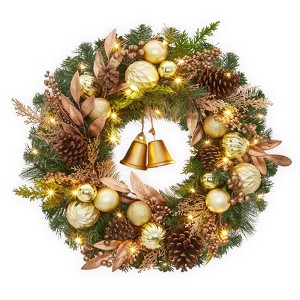 24 Inch Artificial Christmas Wreath, Pre-Lit Xmas Wreath with Christmas Balls, Pine Cones & Bells - 1 of 4