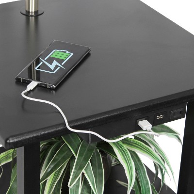 57" Black Modern 2-Tier End Table Floor Lamp with USB Ports