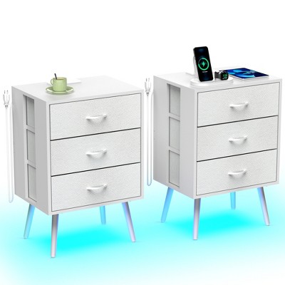 KTMBDW Set of 2 Mid Century Nightstand with Charging Station, End Table Modern Side Table with Fabric Drawer for Home Bedroom Living Room