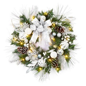 Coucheta 24" Pre-Lit Christmas Wreath, Xmas Wreath with 20 LED Lights, Pine Cones & Balls, Leaves & Bows for Front Door, Fireplace Indoor/Outdoor - 1 of 4