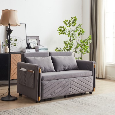 MAYEERTY 54" Modern Convertible Sofa Bed 2 Arm Pockets Velvet Loveseat Adjustable Pull Out Bed 2 Pillows Gray