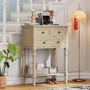 Sapphtopaz Distressed Solid Wood Narrow Console Table with 3 Drawers & Bottom Shelf, Entryway Sofa Table with Tapered Legs, Small Entryway Table - 1 of 4