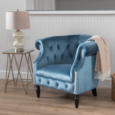 Aqua Velvet Tufted Club Chair with Birch Legs