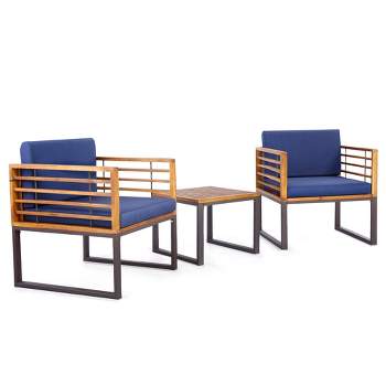 Tangkula 3PCS Acacia Wood Patio Bistro Set Outdoor Conversation Furniture Set w/ Navy Cushions