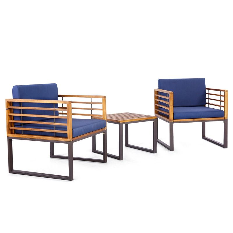 Tangkula 3PCS Acacia Wood Patio Bistro Set Outdoor Conversation Furniture Set w/ Navy Cushions, 1 of 7