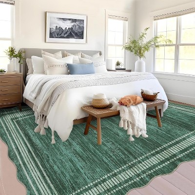 8x10 Scalloped Solid Washable Area Rug, Low-Pile Non-Slip Indoor Carpet for Living Room, Bedroom, Dining, Home Office, Green