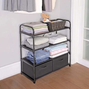 Racxily 4 Shelf Closet Organizer with 2 Bins, Black, Metal Frame, Adult and Child - 1 of 4