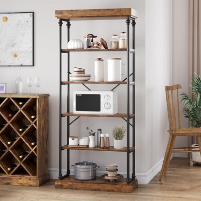 6 Tier Bookshelf Industrial Bookcase Wood Storage Open Rack Shelf Metal Frame Rustic Tall Standing Bookshelves