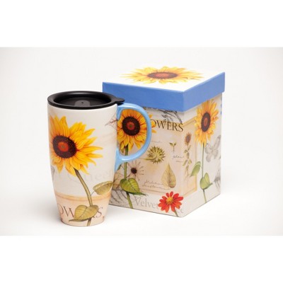 Evergreen  Latte Travel Cup , Yellow & Red Sunflowers